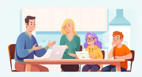 A family discussing finances at a kitchen table