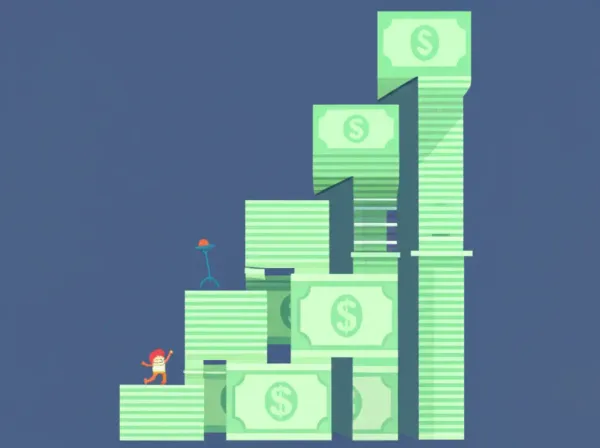 Staircase made of dollar bills with a character reaching the top.