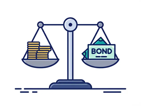 A balanced scale with stocks and bonds representing the 60/40 investment strategy