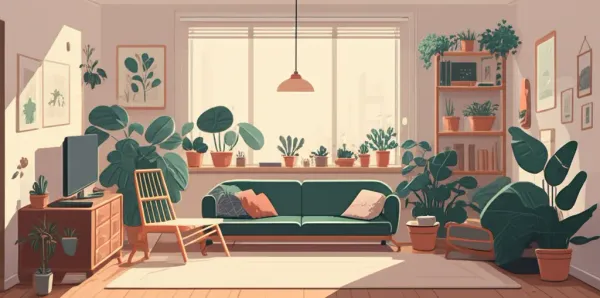 A tidy, minimalist living room with plants and natural light