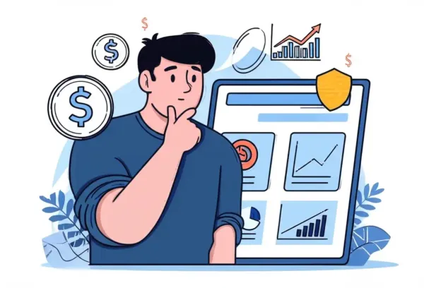 Person reviewing investment options with charts and dollar signs