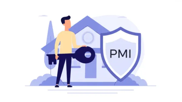 Person holding a key in front of a house with a PMI shield