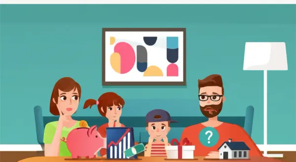 Cartoon family considering mortgage down payment options