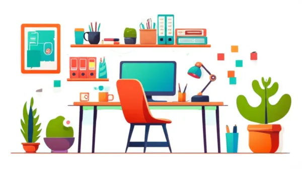 Inviting workstation with colorful accents and lush plants