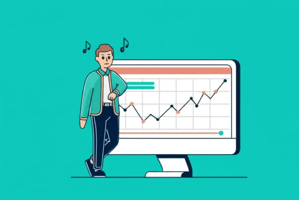 Person waiting by a computer showing stock market graphs