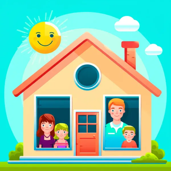 Cartoon-style house with a happy family
