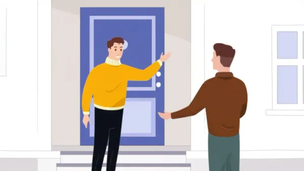 Homeowner speaking with guest at doorstep