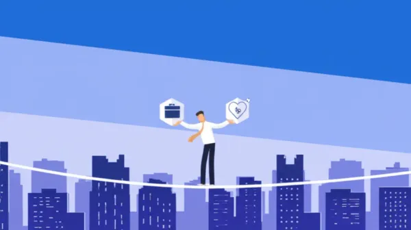 Person balancing work and wellness on a tightrope over a city.
