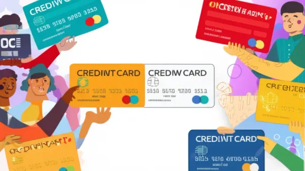 Illustration of people using credit cards with different brand logos