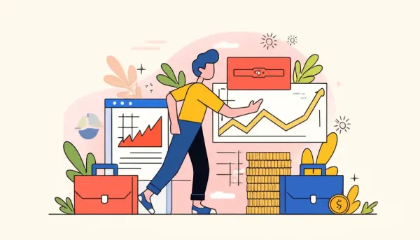 Cartoon of a person navigating through a wealth management landscape