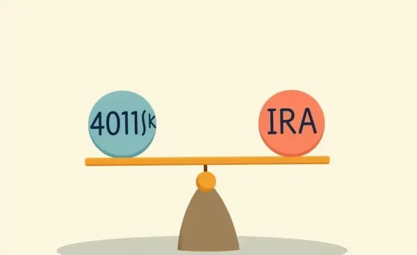 Cartoon depicting the balance between 401(k) and IRA on a seesaw