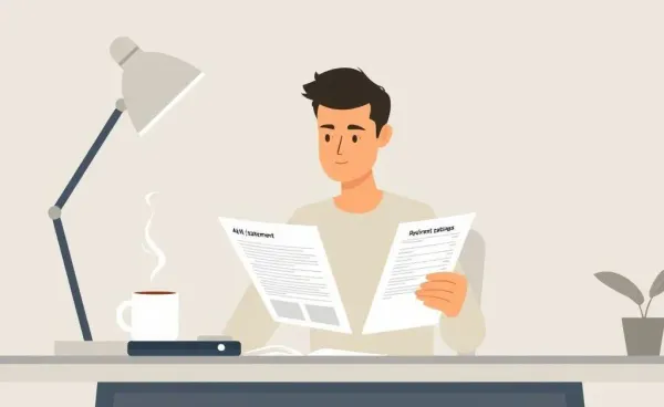 A person reviewing a 401(k) statement at a desk with coffee