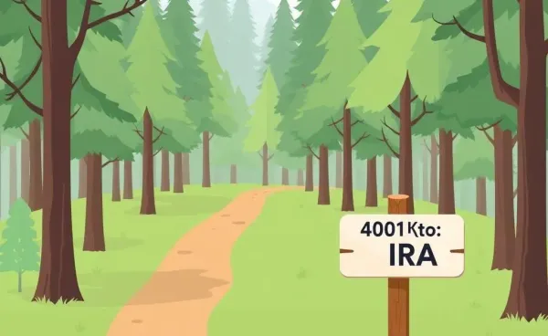 A peaceful forest path with a signpost showing both 401(k) and IRA options