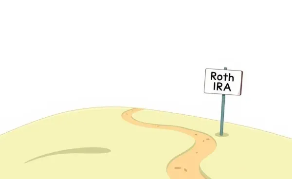 Illustration of a path leading from a 401(k) sign to a Roth IRA sign, symbolizing financial transition