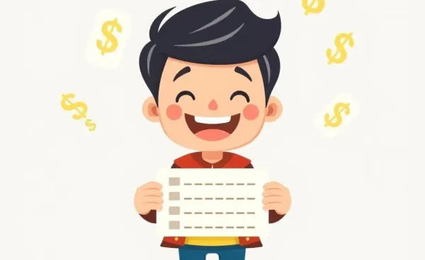 Cartoon illustration of a student holding a report card with dollar signs