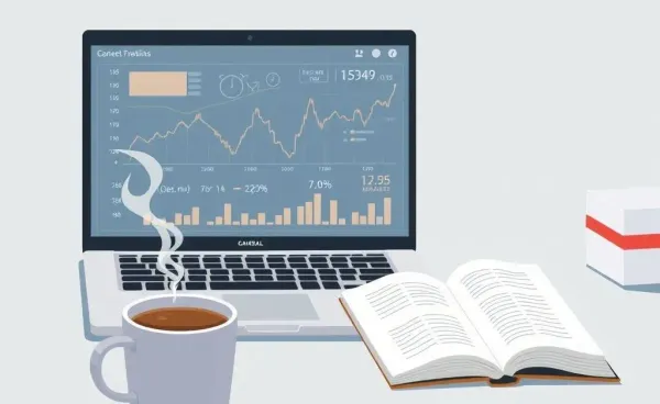 A laptop displaying financial data alongside a coffee cup and notebook