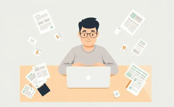 A cartoon person managing ACH debits on their laptop surrounded by bills.