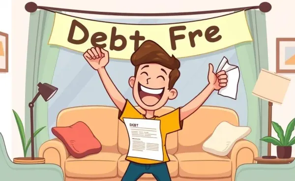 A joyful person tearing up a debt statement with a 'Debt Free' banner