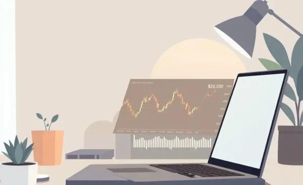 A cozy home office with a laptop showing a stock market graph on the screen