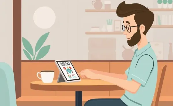 A person reviewing health care options on a tablet at a coffee shop.
