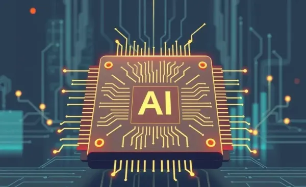 Illustration of a futuristic AI chip surrounded by circuit patterns