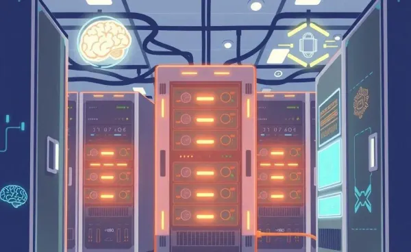Illustration of an AI-driven data center with servers and digital elements