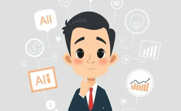 Cartoon of a thoughtful businessman surrounded by AI symbols and charts