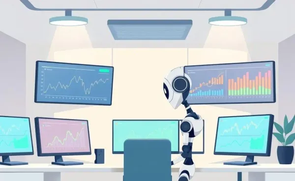 Illustration of AI analyzing financial data in an office setting