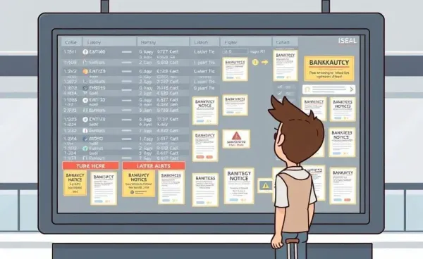 Confused traveler looking at a flight information board with bankruptcy notices