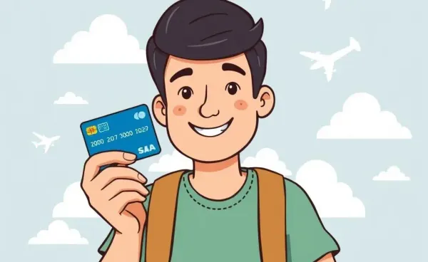 Person holding an airline credit card in a travel planning scene.