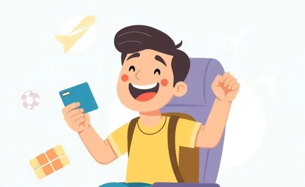 Person flying on an airplane with a credit card, surrounded by travel icons