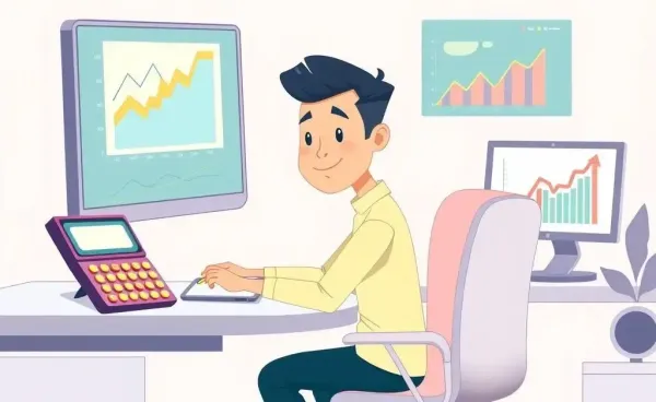 An illustrated scene of an Albanian individual planning finances with tools like graphs and calculators