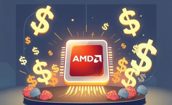 Illustration of AMD AI chip with dollar signs and digital brains