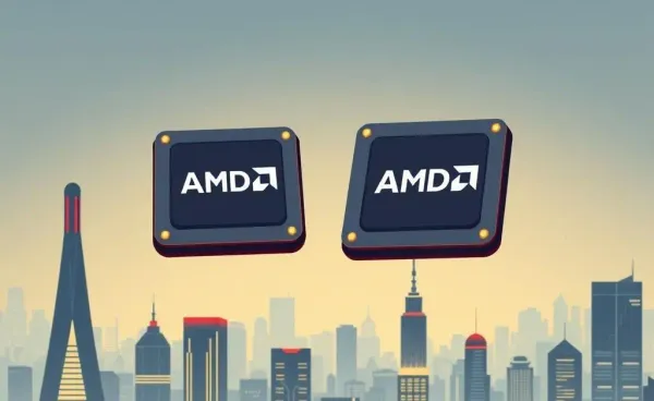 AI chips with AMD logos floating over a futuristic cityscape