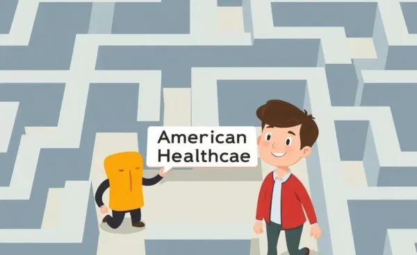 A friendly guide leading someone through a maze labeled 'American Healthcare'.