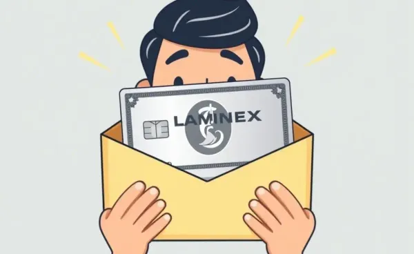 A person discovering the Amex Platinum card in an envelope with excitement