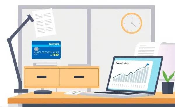 Modern desk with credit card statements and laptop showing reward points graph