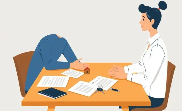 An illustration of two people discussing over property documents