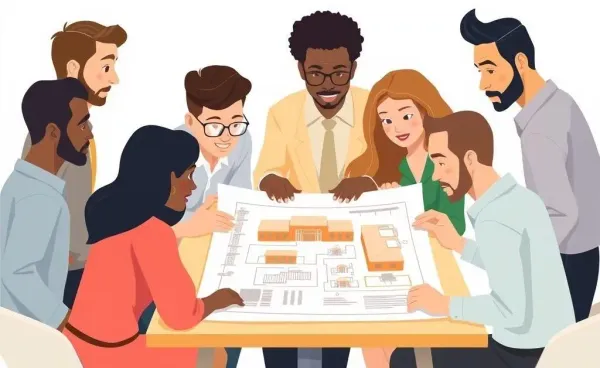 A cartoon-style group discussing a commercial real estate deal