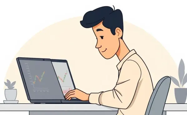 Cartoon image of a person analyzing dividend stocks on a laptop.