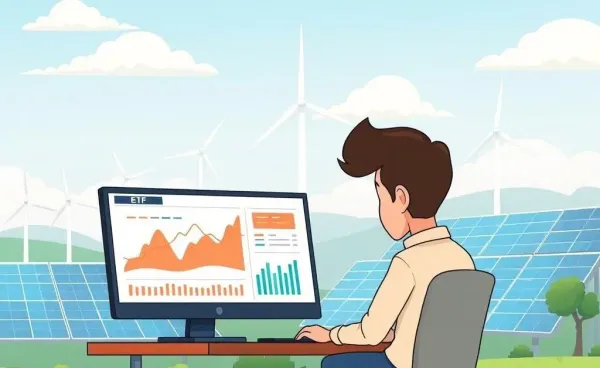 A person analyzing ETF charts on a computer with renewable energy sources in the background.