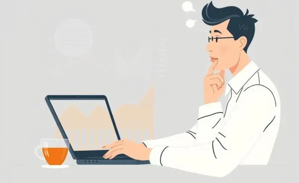 Illustration of a person analyzing stock market data on a laptop with tea.