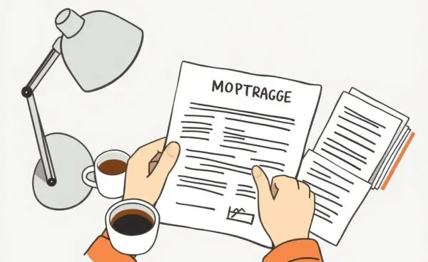 Person analyzing mortgage documents at a desk with coffee