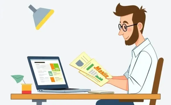 A person analyzing targeted mailers over a desk.