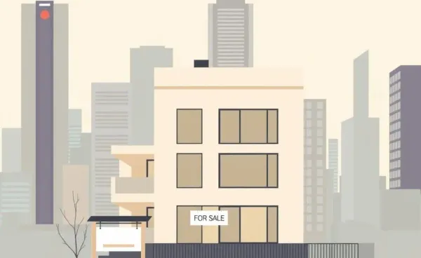 Cozy apartment for sale with cityscape background