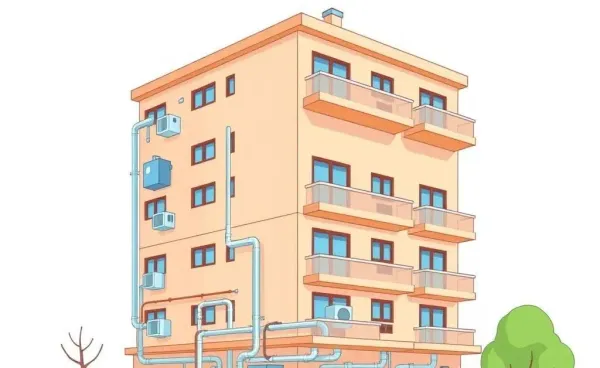 Illustration of an apartment building with a centralized hot water system