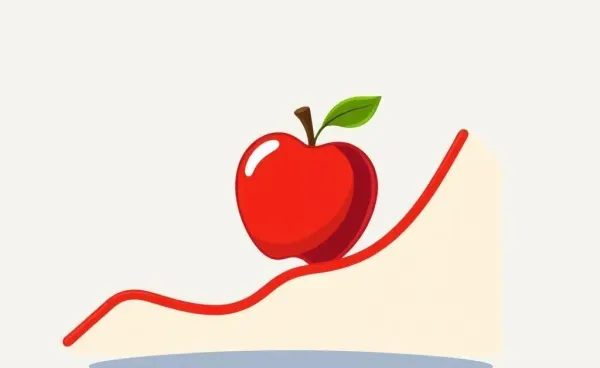 An illustration of an apple in a stock market chart going up