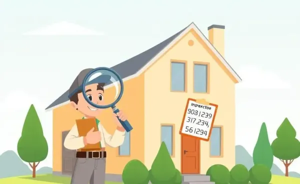Person examining house with magnifying glass, holding a clipboard with numbers