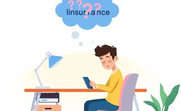 Person at desk with phone, considering insurance questions.