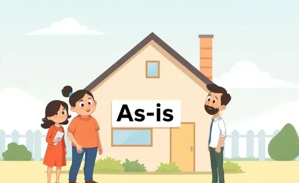Family inspecting a house labeled 'As-Is'